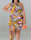Women's Printed One Shoulder Sexy Drawstring Plus Size Dress