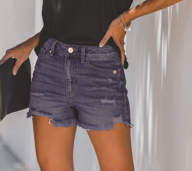 New High-waisted Women's Denim Shorts with Torn Holes