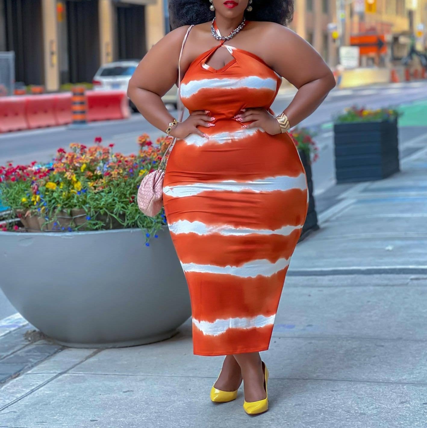 Orange Red Casual Striped Printed Camisole Dress Plus Size Dress