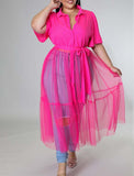 Summer Women's Solid Color Blouse Mesh Large Size Tops Dresses