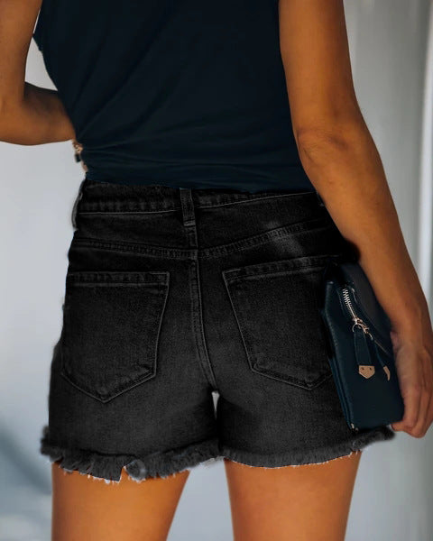 New High-waisted Women's Denim Shorts with Torn Holes