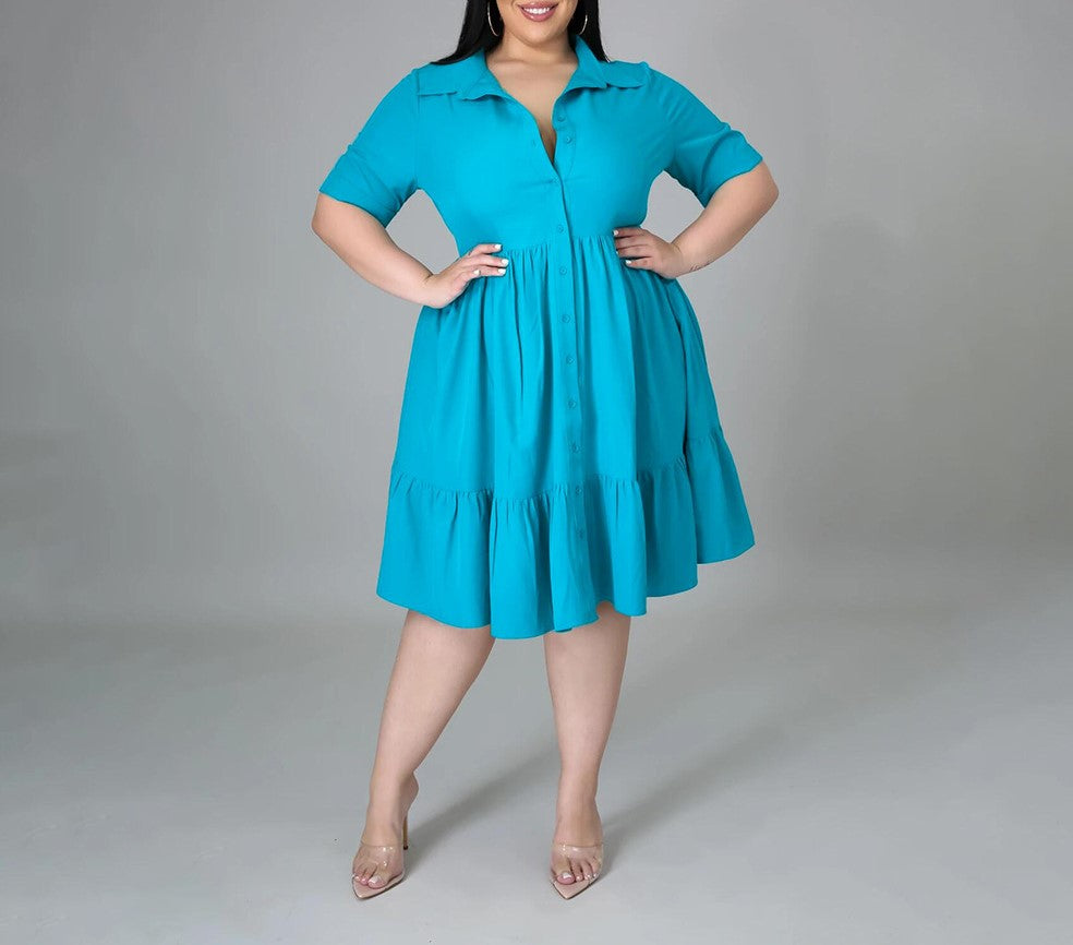 Solid Color Large Size Women's Short Sleeve Shirt Dress