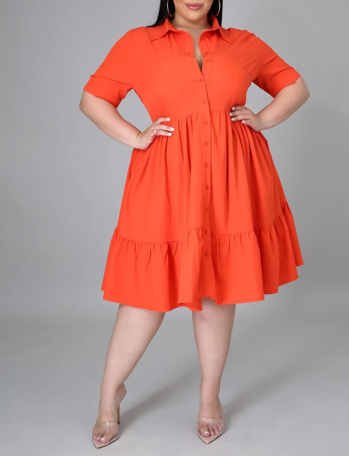 Solid Color Large Size Women's Short Sleeve Shirt Dress