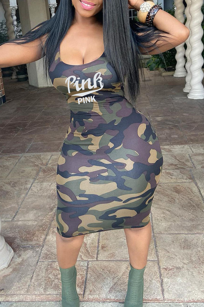 Army Green Sexy Print Camouflage Print Split Joint U Neck One Step Skirt Dresses