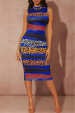 Blue Fashion Casual Print Basic Half A Turtleneck Sleeveless Dress