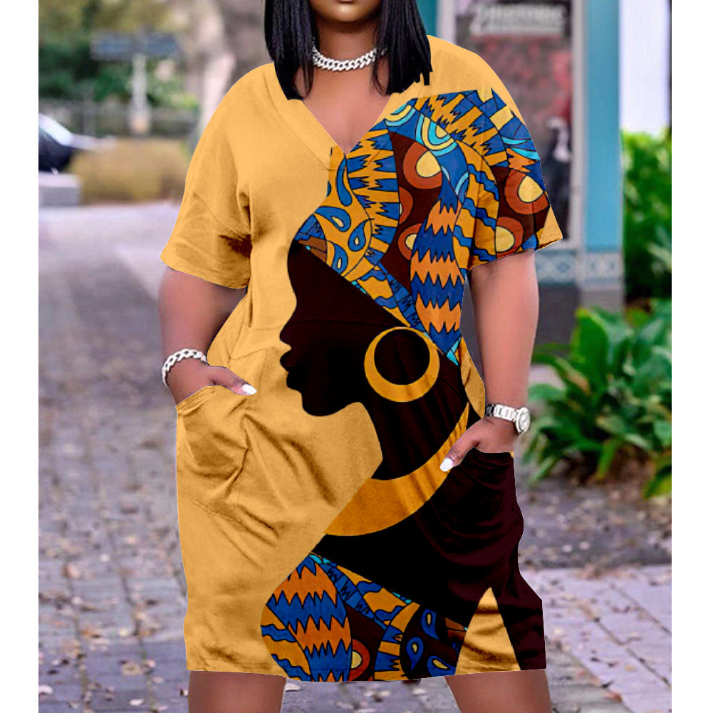 Yellow Black Fashion Casual Print Basic V Neck Short Sleeve Dress