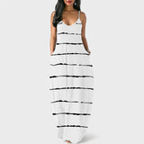 White Fashion Striped Print Backless Spaghetti Strap Long Dress