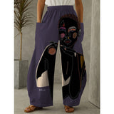 Purple black Fashion Casual Print Split Joint Pocket Regular High Waist Trousers