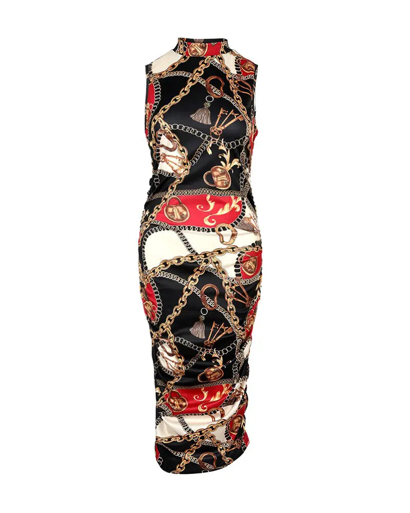Red Chain Scarf Print Sleeveless Ruched Bodycon Dress