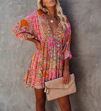 Hot Pink V-Neck Ethnic Print Ruched Casual Dress