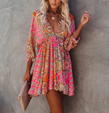 Hot Pink V-Neck Ethnic Print Ruched Casual Dress