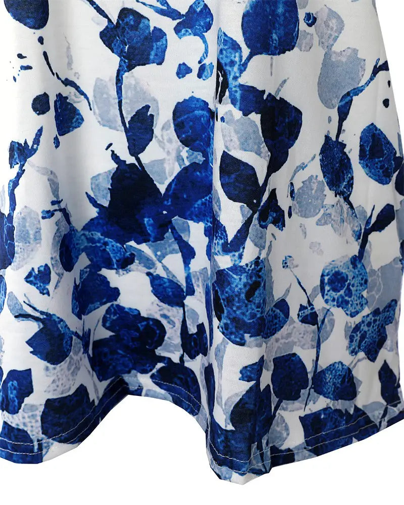 Blue Floral Print Cold Shoulder Lace Patch Top