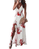 White High Slit Floral Print Ruffles Maxi Dress