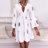 White Feather Print Bell Sleeve Ruffles Casual Dress