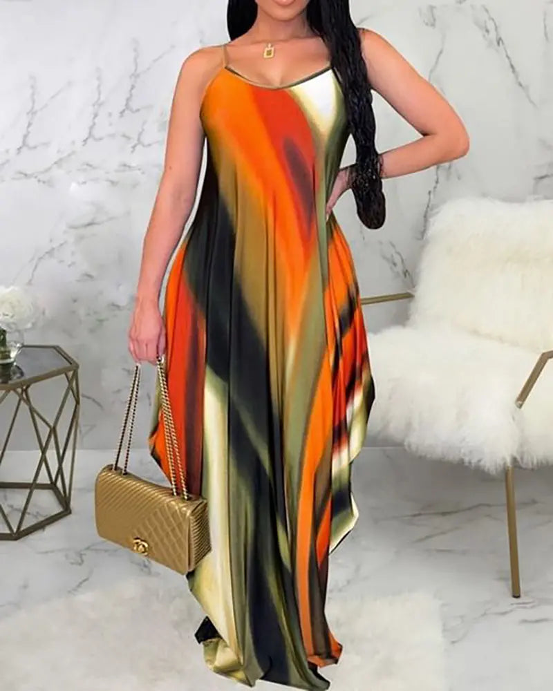 Orange Tie Dye Print Asymmetrical Cami Dress