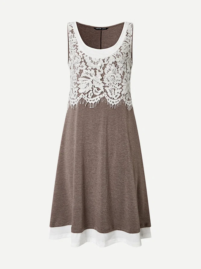 Coffee plain round neck lace embellished cotton blend casual knit tank dress