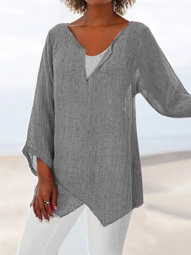 Gray Women's V Neck Plus Size Linen Solid Summer Blouses
