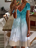 Multicolor Sea Gradient Painted V-Neck Short Sleeve Casual Dress