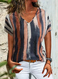 Multicolor Stripes V Neck Basic Shift Short Sleeve T-shirt
