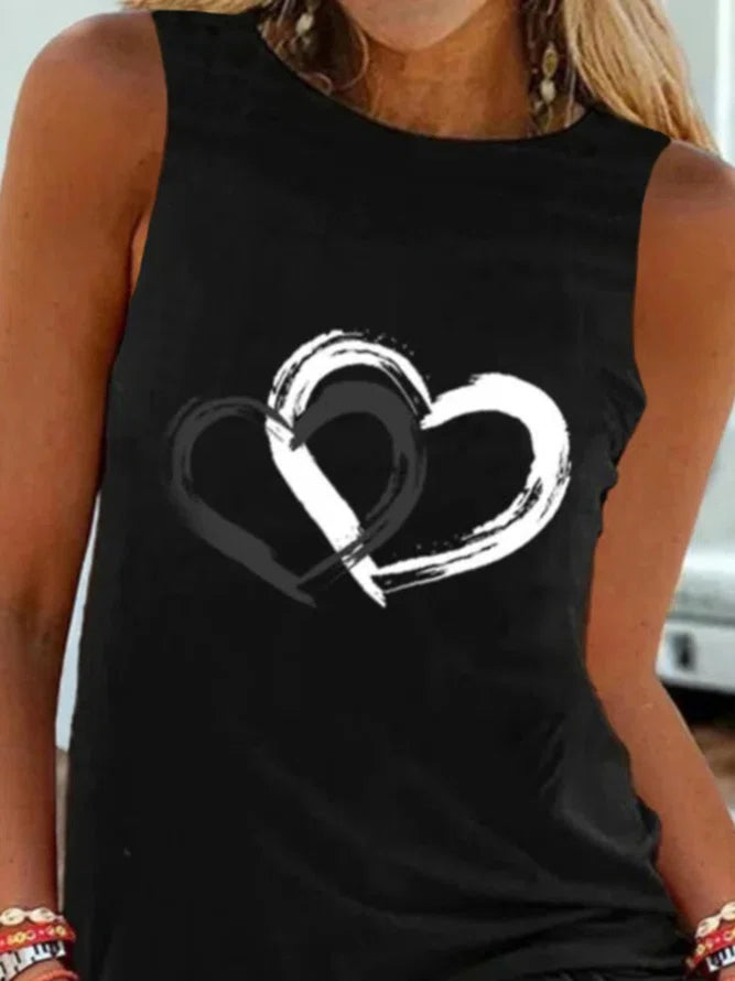 Black Casual Heart Sleeveless Round Neck Plus Size Printed Tank Tops Top Vests