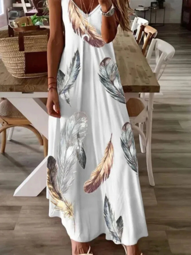White Casual Feather Sleeveless V Neck Plus Size Printed Dress