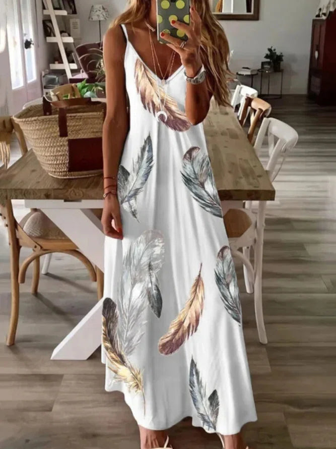 White Casual Feather Sleeveless V Neck Plus Size Printed Dress