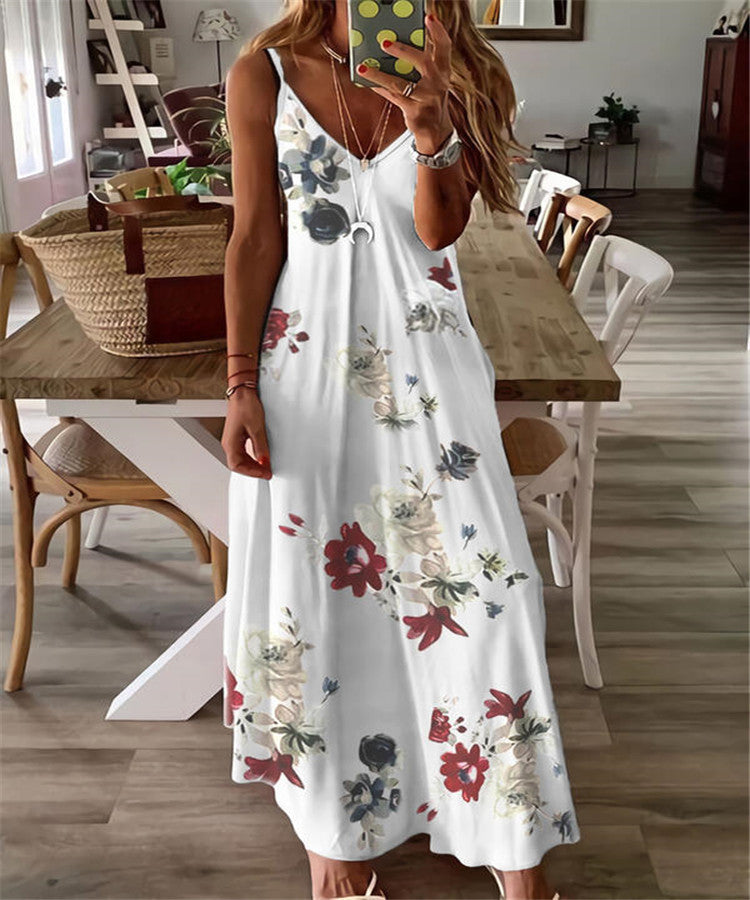 White Flowers Casual Feather Sleeveless V Neck Plus Size Printed Dress