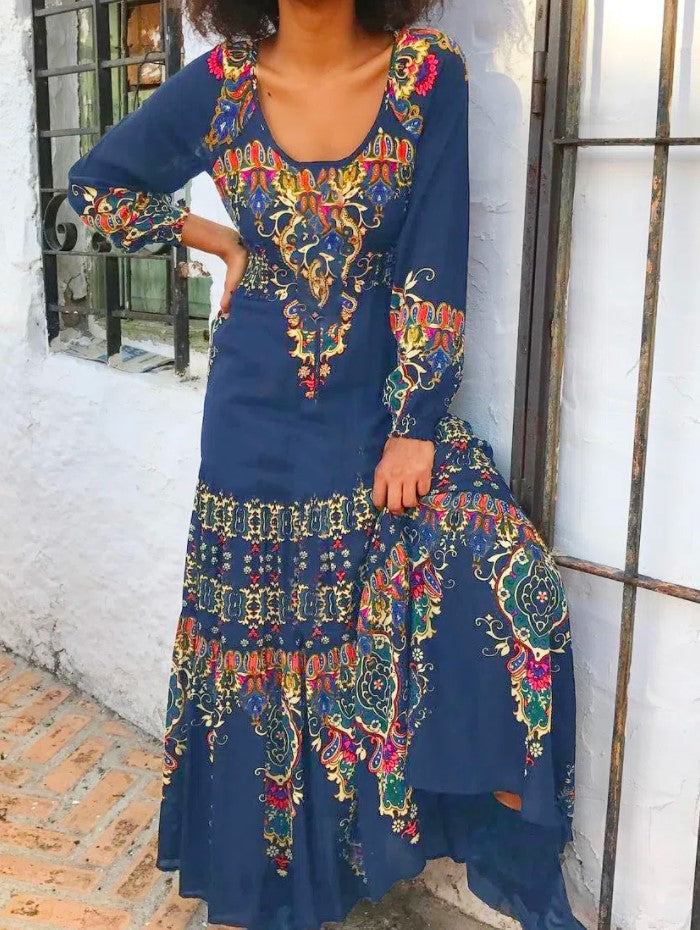 Black Boho U-Neck Cotton Blends Knitting Dress