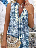 Blue Boho Geometric Printed Tassel V Neck Sleeveless Short Dress