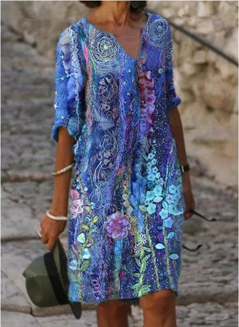 Blue Vintage Geometric Floral Printed Plus Size V Neck Casual Dresses