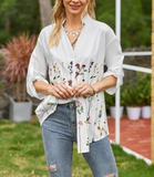 White Floral-Print Casual Floral Shirt Collar Blouses