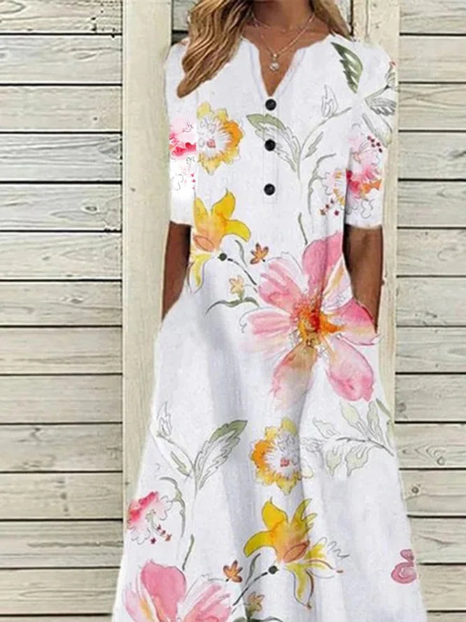 White Floral Casual V Neck Half Sleeve Buttoned Pockets A-line Dress