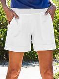 Gray Women Pockets Elastic Band Casual Summer Shorts
