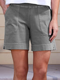 Gray Women Pockets Elastic Band Casual Summer Shorts