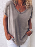 Light Gray Short Sleeve Paneled Cotton V Neck Casual T-Shirts