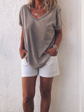 Light Gray Short Sleeve Paneled Cotton V Neck Casual T-Shirts