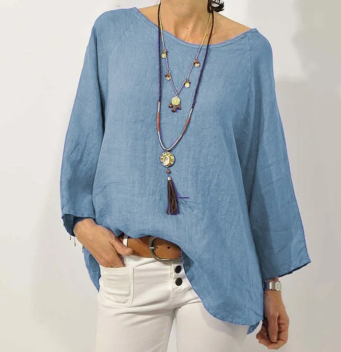 Blue Women Plus Size Solid Long Sleeve Linen Daily Casual Tops