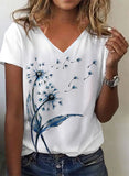 White Vacation Dandelion Floral Printed Casual Loosen V Neck Short Sleeve T-Shirt