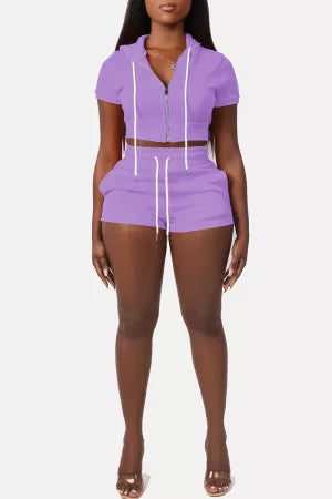 Purple Fashion Casual Solid Basic Hooded Collar Short Sleeve Two Pieces