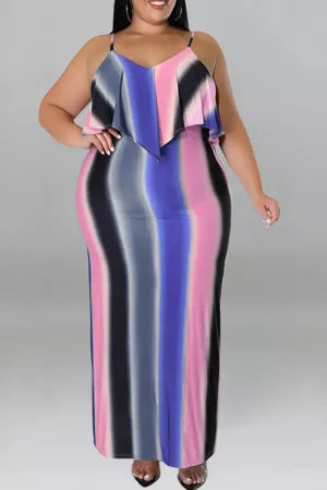 Blue Sexy Striped Print Split Joint Spaghetti Strap Sling Dress Plus Size Dresses