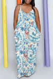 Light Blue Fashion Sexy Print Tie Dye Backless Spaghetti Strap Long Dress