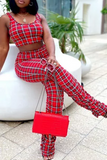 Red Sexy Plaid Split Joint O Neck Sleeveless Two Pieces