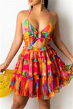 Colour Sexy Print Bandage Hollowed Out Backless Halter Sling Dress