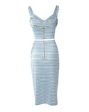 Light Blue Striped Print Crop Top & High Slit Skirt Set