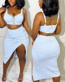 Light Blue Striped Print Crop Top & High Slit Skirt Set