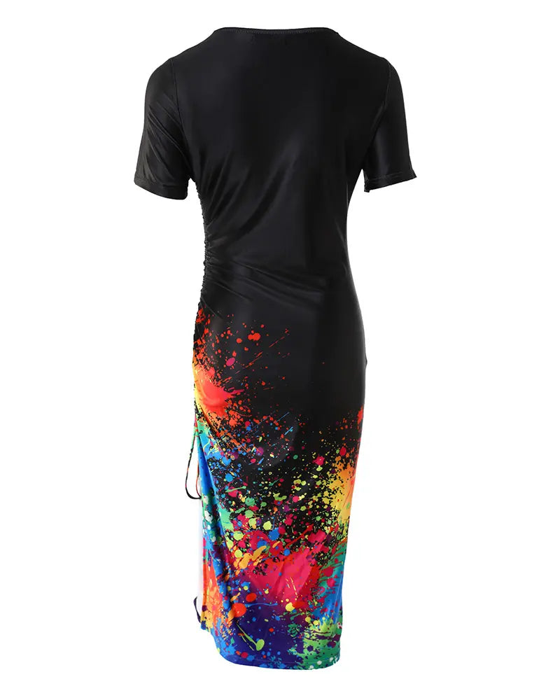 Multicolor Ink Splash Print Drawstring Ruched High Slit Dress