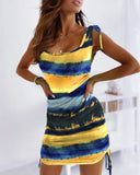 Yellow Tie Dye Print Tied Detail Ruched Dress