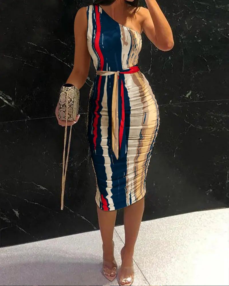 Multicolor Abstract Print One Shoulder Ruched Bodycon Dress