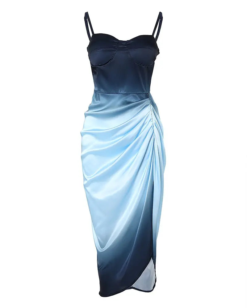 Blue Ombre Ruched High Split Satin Dress