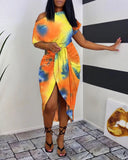 Multicolor Tie Dye Print Ruched Slit Casual Dress